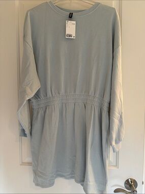 H&M Light Blue Long-Sleeve Waist-Detail Sweatshirt Dress